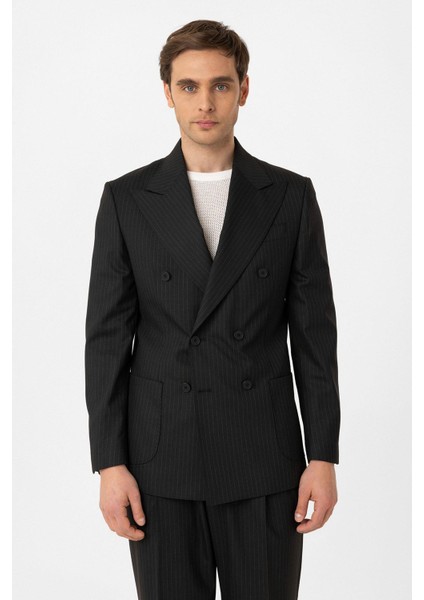 Siyah Kruvaze Kapama Italyan Kesim Yün Karışımlı Çizgili Erkek Teknik Takım fırsatları