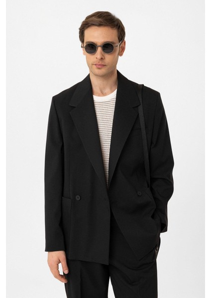 Siyah Relax Fit Kruvaze Kapama Erkek Teknik Blazer Ceket