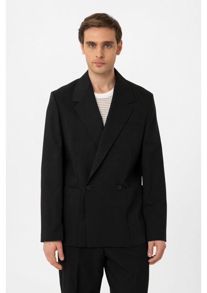 Siyah Relax Fit Kruvaze Kapama Erkek Teknik Blazer Ceket fiyatları