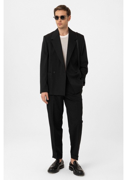 Siyah Relax Fit Kruvaze Kapama Erkek Teknik Blazer Ceket modelleri