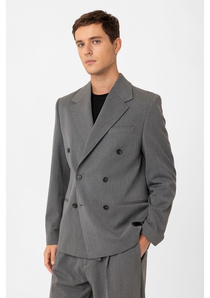 Gri Relax Fit Kruvaze Erkek Blazer Ceket