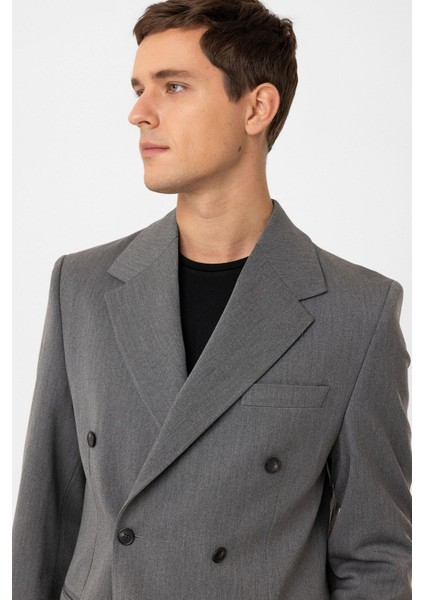 Gri Relax Fit Kruvaze Erkek Blazer Ceket modelleri