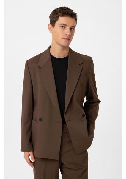Kahve Relax Fit Kruvaze Kapama Erkek Teknik Blazer Ceket