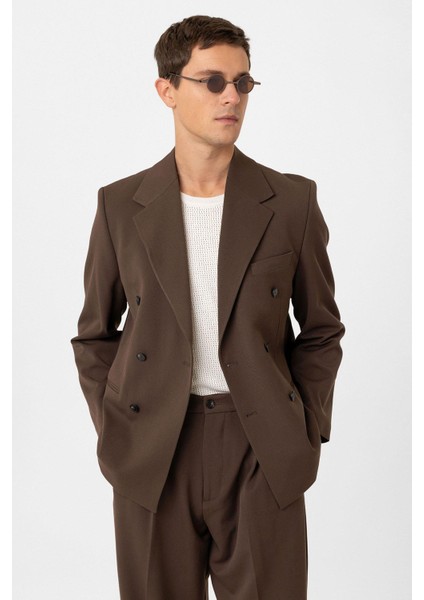 Kahve Relax Fit Kruvaze Erkek Blazer Ceket