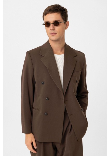 Kahve Relax Fit Kruvaze Erkek Blazer Ceket
