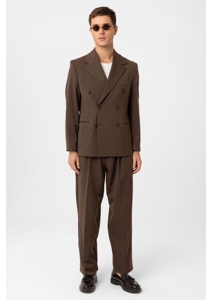 Kahve Relax Fit Kruvaze Erkek Blazer Ceket