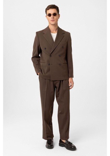 Kahve Relax Fit Kruvaze Erkek Blazer Ceket