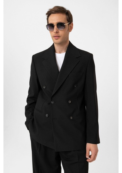 Siyah Relax Fit Kruvaze Erkek Blazer Ceket