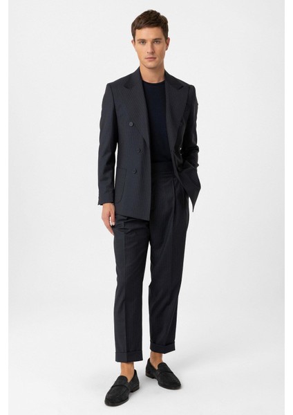 Lacivert Kruvaze Kapama Italyan Kesim Yün Karışımlı Çizgili Erkek Teknik Takım