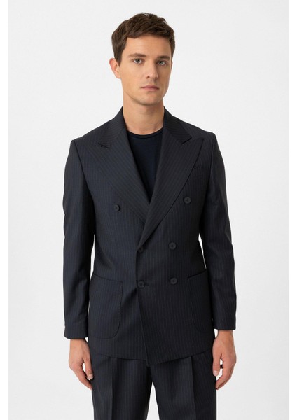 Lacivert Kruvaze Kapama Italyan Kesim Yün Karışımlı Çizgili Erkek Teknik Takım fiyatları