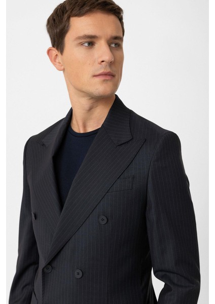 Lacivert Kruvaze Kapama Italyan Kesim Yün Karışımlı Çizgili Erkek Teknik Takım modelleri