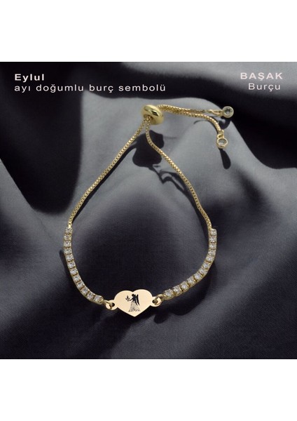 14 Ayar Altın Plakalı, Zarif Kalp Motifli ve Işıltılı Beyaz Taşlı Doğum Ayına Özel Bileklik