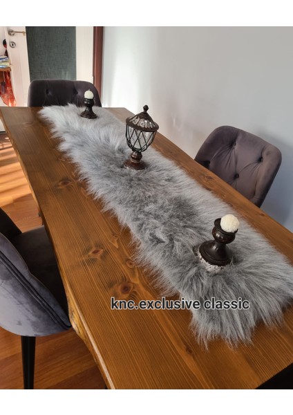 Runner Gri Kürklü Peluş Masa Örtüsü Şık Dekoratif Lüks Elegant Modern Dekoratif Runner
