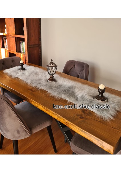 Runner Gri Kürklü Peluş Masa Örtüsü Şık Dekoratif Lüks Elegant Modern Dekoratif Runner