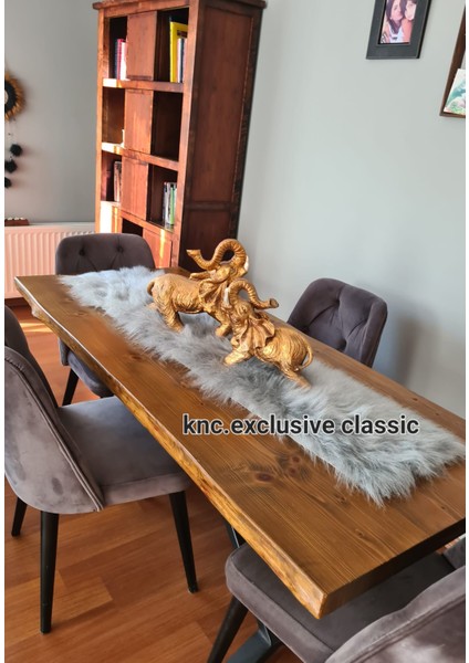 Runner Gri Kürklü Peluş Masa Örtüsü Şık Dekoratif Lüks Elegant Modern Dekoratif Runner