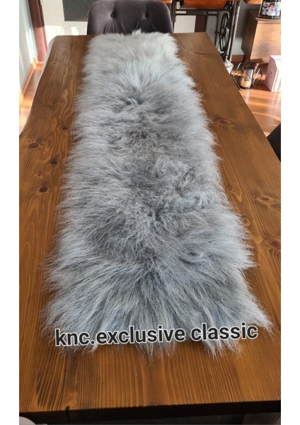 Runner Gri Kürklü Peluş Masa Örtüsü Şık Dekoratif Lüks Elegant Modern Dekoratif Runner