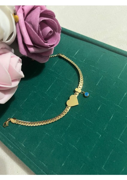 316 L Çelik Gold Yassı Zincir Model Kalp Figür Nazar Boncuk Detay Çelik Kadın Bileklik - HMÇB-0078