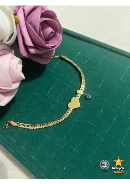 316 L Çelik Gold Yassı Zincir Model Kalp Figür Nazar Boncuk Detay Çelik Kadın Bileklik - HMÇB-0078 fırsatları