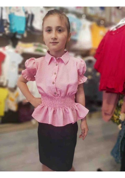 Kız Çocuk Belden Oturtmalı Bürümcüklü Pembe Gömlek