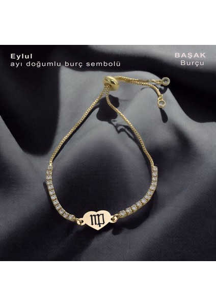 Zarif Kalp Figürlü Parlak Beyaz Taşlı ve 14 Ayar Altın Plakalı Burç Sembolüne Özel Bileklik