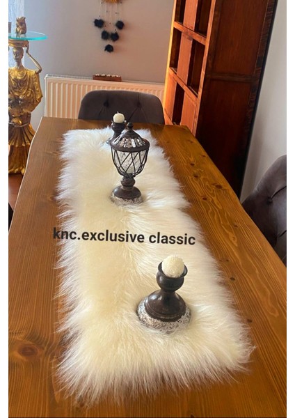 Runner Krem Kürklü Peluş Masa Örtüsü Şık Dekoratif Lüks Elegant Modern Dekoratif Runner
