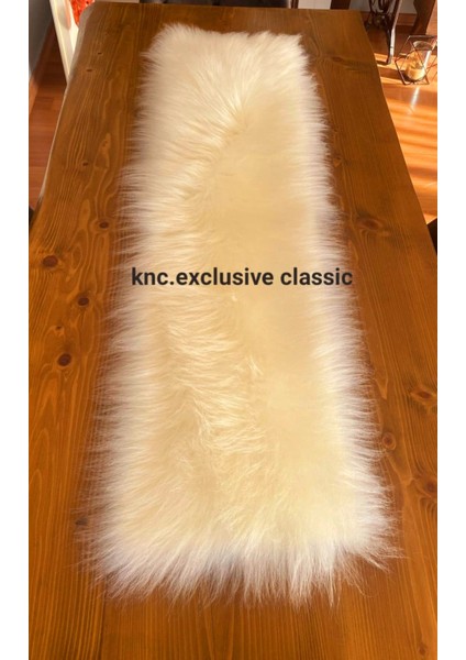 Runner Krem Kürklü Peluş Masa Örtüsü Şık Dekoratif Lüks Elegant Modern Dekoratif Runner