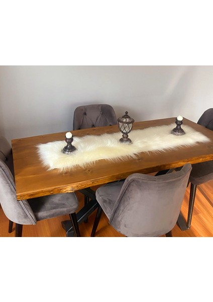 Runner Krem Kürklü Peluş Masa Örtüsü Şık Dekoratif Lüks Elegant Modern Dekoratif Runner