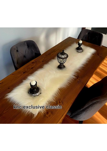Runner Krem Kürklü Peluş Masa Örtüsü Şık Dekoratif Lüks Elegant Modern Dekoratif Runner