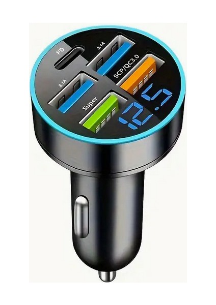 5 Portlu Qc3.0 USB Araba Şarj Cihazı, Dijital Ekranlı, Hızlı Şarj Çoklu Port Adaptörü