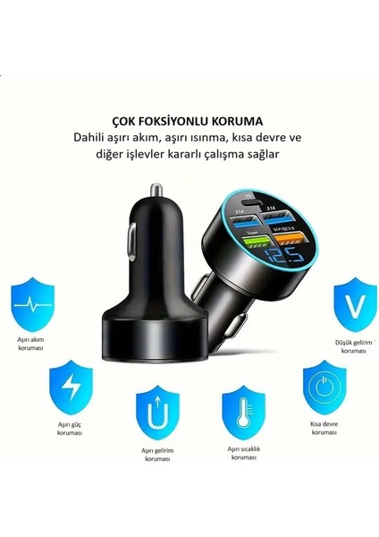 5 Portlu Qc3.0 USB Araba Şarj Cihazı, Dijital Ekranlı, Hızlı Şarj Çoklu Port Adaptörü
