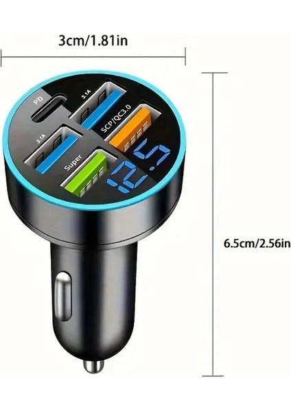 5 Portlu Qc3.0 USB Araba Şarj Cihazı, Dijital Ekranlı, Hızlı Şarj Çoklu Port Adaptörü