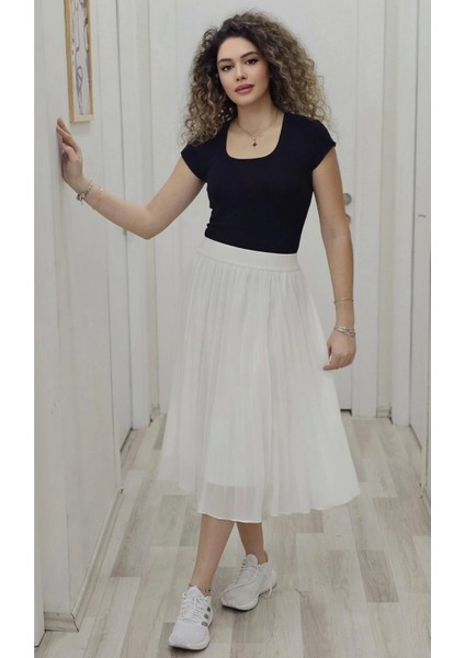 Beli Lastikli Pliseli Etek 6018-BEYAZ