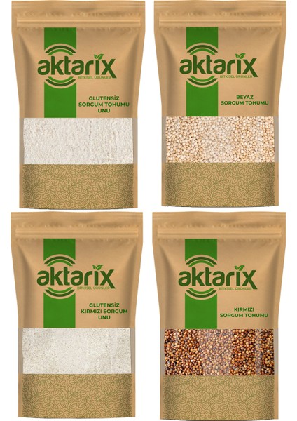 4'lü 1'er kg Glutensiz Sorgum Paketi (Beyaz Sorgum Tane ve Un + Kırmızı Tane ve Un Toplam 4 kg)