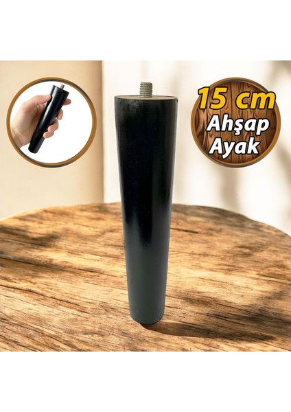 Ahşap Ayak Siyah 15 cm Dolap Mobilya Koltuk Kanepe Destek Ayağı Ayakları Konik M8 Civatalı