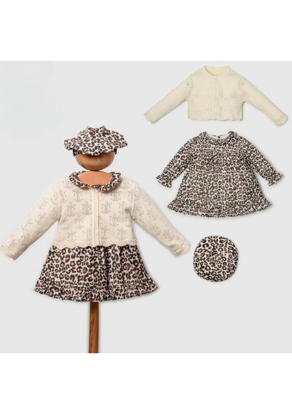 Fukukumbaby Hırkalı Leopar Desenli Kız Bebek Elbise Bej
