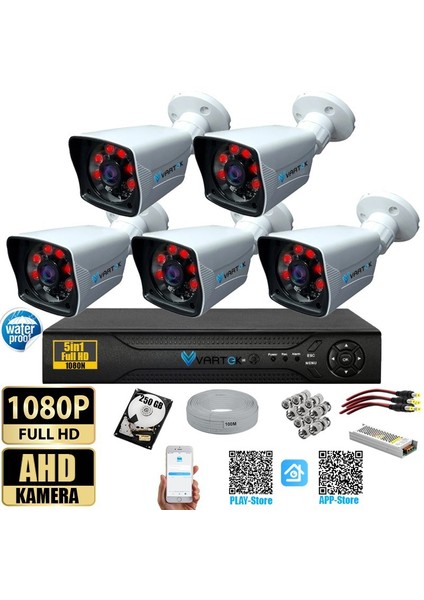5 Kameralı-5mp Lensli 1080P Fullhd Kamera Seti - Su Gecirmez- Sabit Ip Gerektirmez