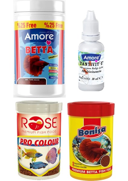 Beta Balığı Yemi 125ml Granül, Bonisa Betta 100ml, Rose Pro Colour 100ml Kutu Chips Balık Yemi, Multivitamin