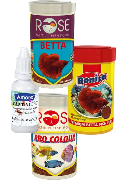 Beta Balığı Yemi 100ml Granül, Bonisa 100ml, Rose Pro Colour 100ml Kutu Chips Balık Yemi, Multivitamin