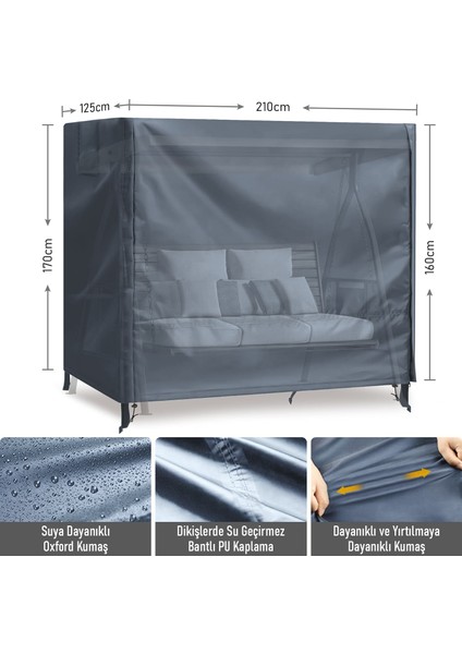 Bahçe Salıncak Koruma Örtüsü Üç Kişilik Tenteli Hamak Salıncak Kılıfı Branda 210 x 125 x 170 cm Gri