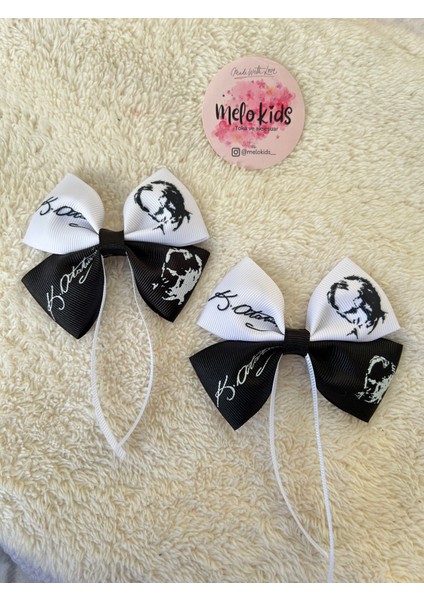 Siyah Beyaz Kurdele Atatürk Silüeti ve Imzası Saç Tokası -2 Adet Klipsli