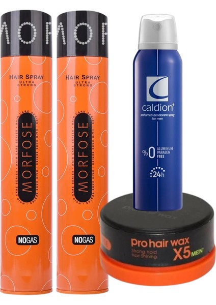 No Gas Saç Spreyi 400 ml 2 Adet - Wax Strong Hold Turuncu 150 gr – Caldion Erkek Deo 150 ml