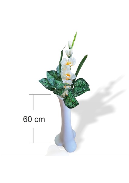 Uzun Geniş Kalın Yeşil Yapraklı Beyaz Şakayık 60 cm Akrilik Helisel Konik Dengeli Devrilmez Vazo