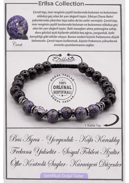 Sertifikalı Kaliteli Obsidyen - Çeroit Taşı Bileklik - Ayarlamalı