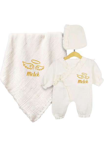 Kişise Özel Isimli Yenidoğan Tulum Battaniyeli Müslin Hastane Çıkışı Takım Bebek Hediyelik - 3lü Set