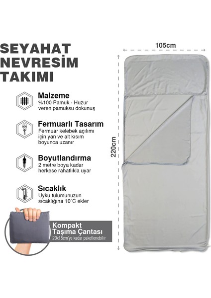 Seyahat Uyku Nevresimi, Pamuk, Otel Kamp Nevresim Takımı Tulum Çarşafı 220 x 105 cm Gri fiyatları