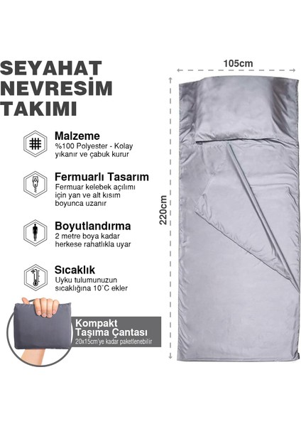 Seyahat Uyku Nevresimi, Saten Polyester, Otel Kamp Nevresim Takımı Çadır Çarşafı 220 x 105 cm Gri fiyatları