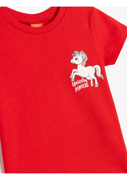 Pamuklu Kısa Kollu Unicorn Baskılı Bisiklet Yaka Tişört