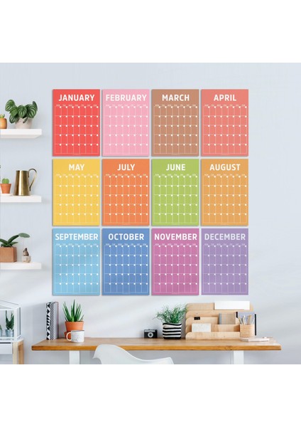 Sürekli Zamansız Takvim, 12 Aylık Tarihsiz Takvim, Aylık Planlayıcı Takvim, A4, Rengarenk Gökkuşağı Renkleri, Undated Monthly Wall Planner, Wall Calendar, Perpetual Calendar
