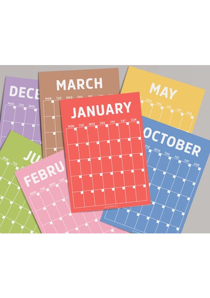 Sürekli Zamansız Takvim, 12 Aylık Tarihsiz Takvim, Aylık Planlayıcı Takvim, A4, Rengarenk Gökkuşağı Renkleri, Undated Monthly Wall Planner, Wall Calendar, Perpetual Calendar