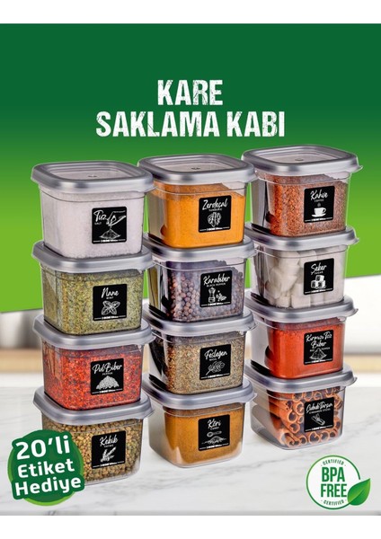 12 Adet 24 Parça 0,55 Litre Kare Erzak Saklama Kabı Baharatlık 20 Etiket Hediyeli